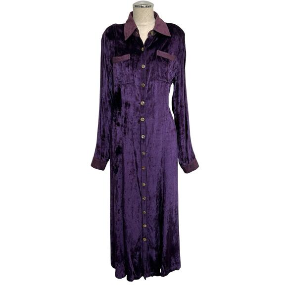 Vintage L Large Crushed Velvet Purple Shirt Dress Duster Gothic Witchy Boho Vamp - Picture 1 of 14